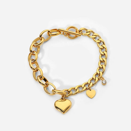 Stainless Steel Chunky Cuban Chain Bracelet Bangles With Sweet Zircon Heart Charm 18k Gold Plated OT Buckle Fashion Jewelry