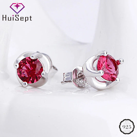HuiSept Trendy Women Earrings 925 Silver Jewelry Round Shaped Ruby Gemstone Stud Earrings Ornaments for Wedding Party Wholesale