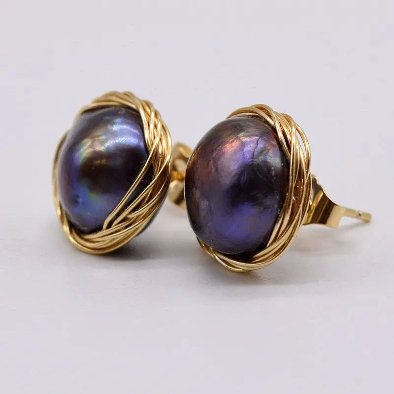 Women's Black Natural Freshwater Pearl Stud Earrings Authentic Baroque Handmade Jewelry Free Shipping