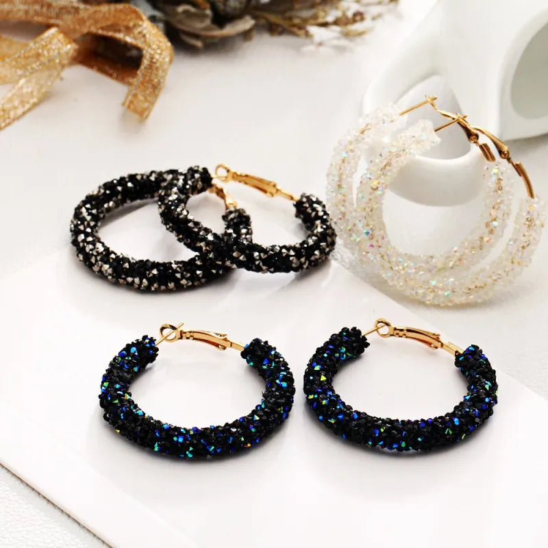 Luxury Glitter Crystal Hoop Earrings for Women Big Round Dangle Earrings Wedding Party Statement Earring Geometric Jewelry Gift