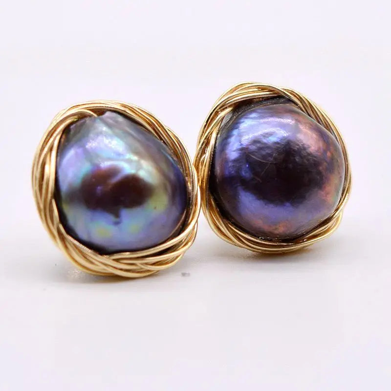 Women's Black Natural Freshwater Pearl Stud Earrings Authentic Baroque Handmade Jewelry Free Shipping