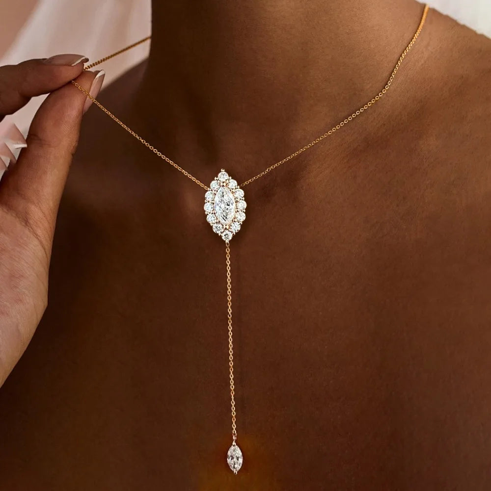 Marquise Cut Full Moissanite Pendant Necklace for Women 100% S925 Silver Y-style Halo Diamond Drop Neckchain with Certificate