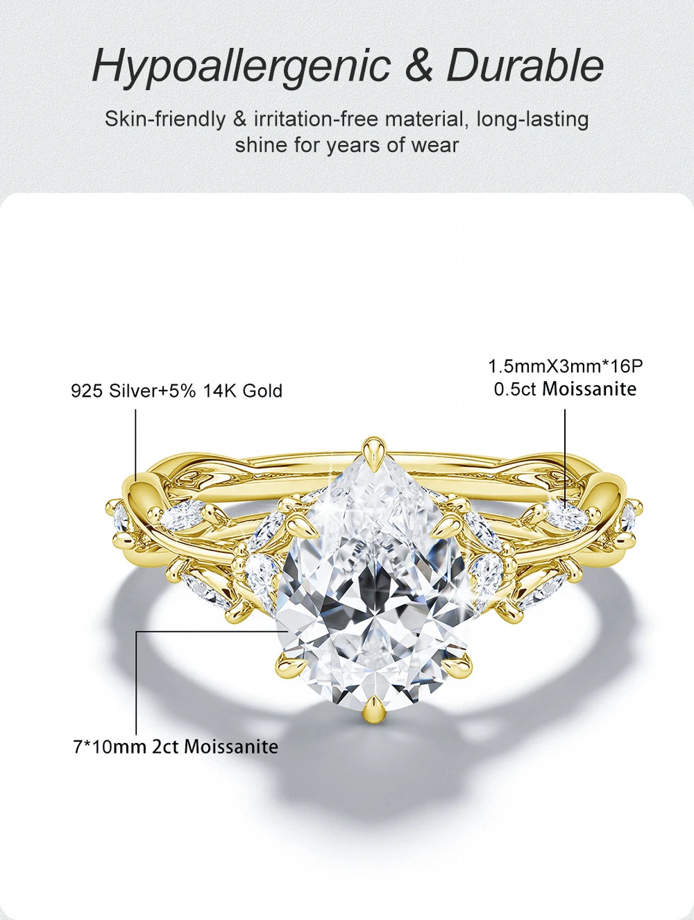 Luxury 14K Gold Filled Pear Cut 3ct Moissanite Lab Grown Diamond Wedding Ring for Her Teardrop Vine design Promise ring Jewelry