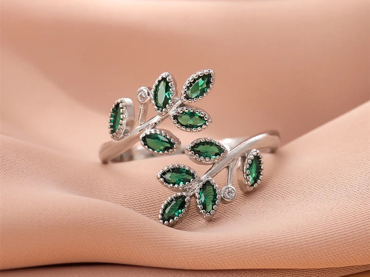 New Fashion Green Crystal Leaves 925 Sterling Silver Personality Temperament Creative Exquisite Opening Rings R376