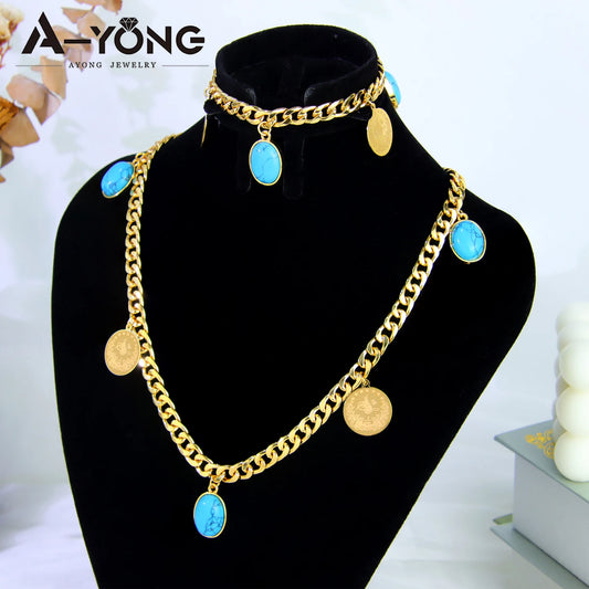 Ethiopia Gold Plated Jewelry 21k Gold Plated Nigeria Fashion Turquoise Coins Cuban Necklace Bracelet Dubai Vintage Jewelrys