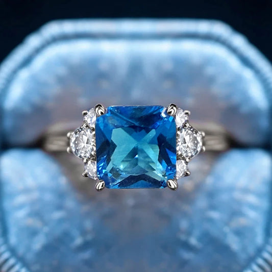 Huitan Square Shaped Blue Cubic Zirconia Rings for Women Luxury Elegant Bridal Wedding Accessories Noble Lady Jewelry for Party
