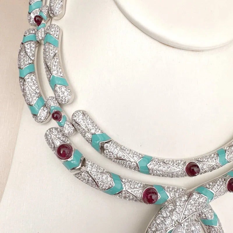Designer Collection Style Necklace Women Inlay Cubic Zircon Synthetic Drop-shaped Ruby Enamel Snake Snakelike Wide Chain Choker