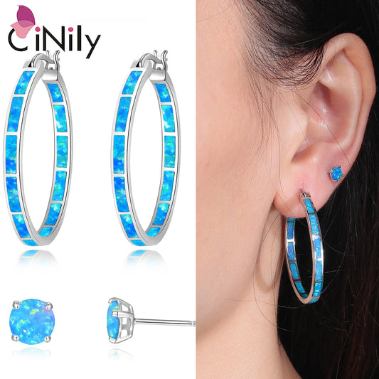 CiNily 6 Color Fire Opal Stone Hoop Earrings Silver Plated Stud Eaarings Big Round Circle Hip Hop Punk Jewelry Set for Woman