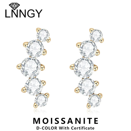 Lnngy Exquisite Round Cut 5 Stone Moissanite Climber Earrings 925 Sterling Silver Stud Earring For Women Fashion Girls Jewelry