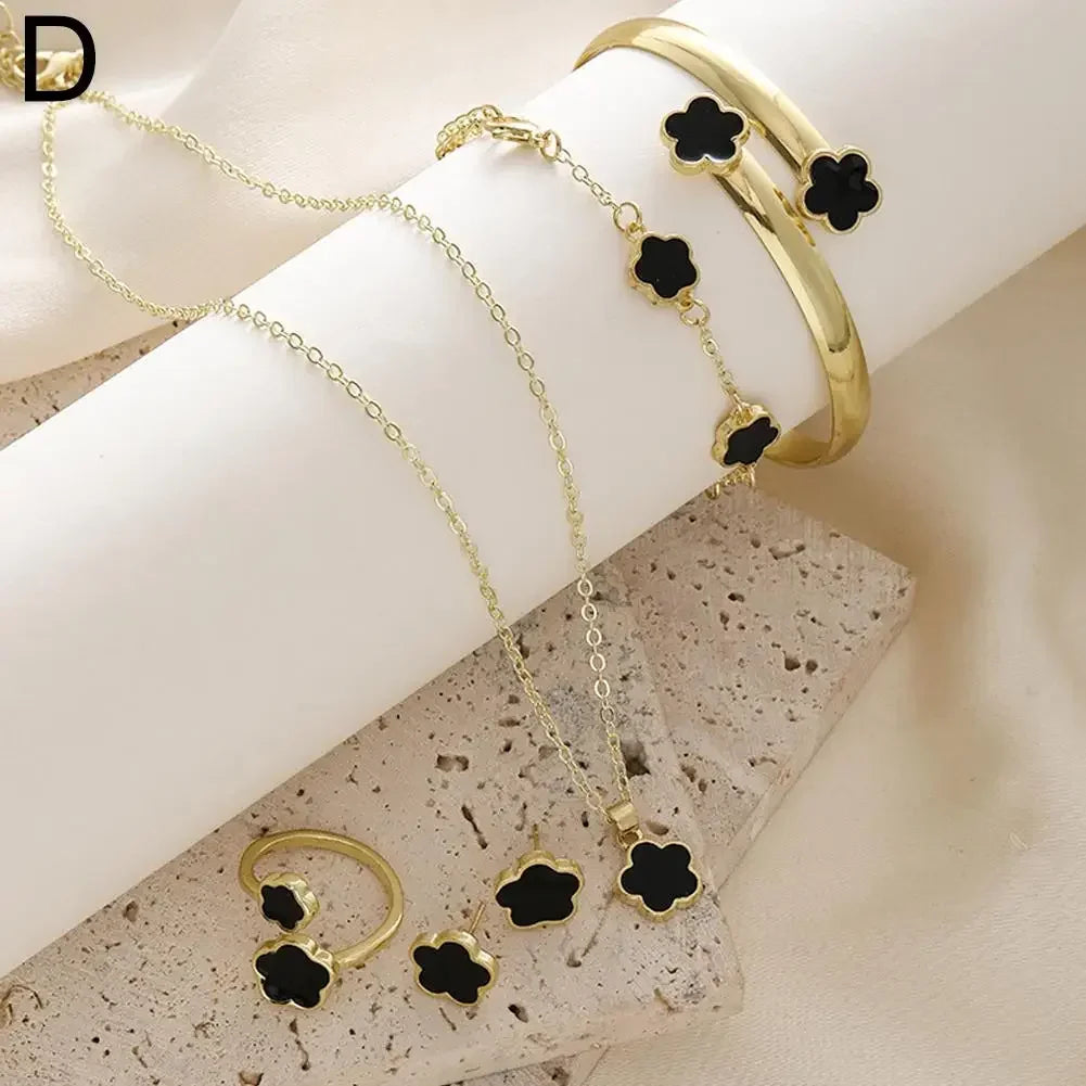 5pcs/set Luxury Quality Jewelry Sets Plum Blossom Plant Five Leaf Flower Women's Earrings Rings Bracelet Necklace Bangles Gift