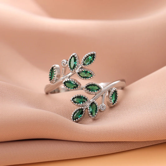 New Fashion Green Crystal Leaves 925 Sterling Silver Personality Temperament Creative Exquisite Opening Rings R376