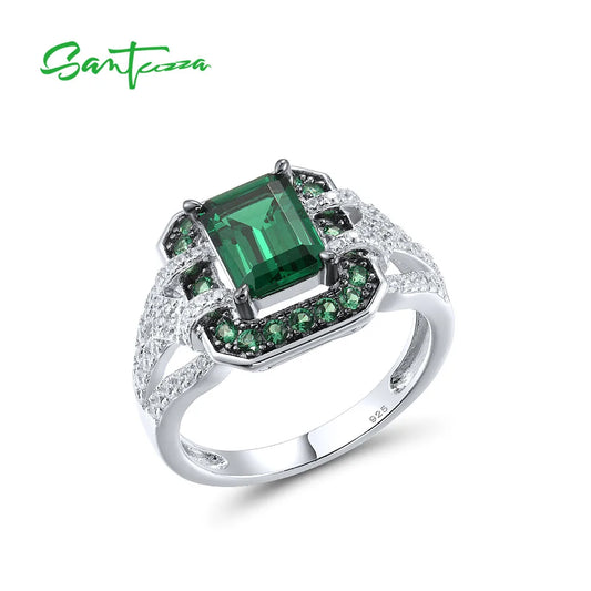SANTUZZA Pure 925 Sterling Silver Rings For Women Sparkling Green Spinel White CZ Solitaire Ring Classic Gorgeous Fine Jewelry