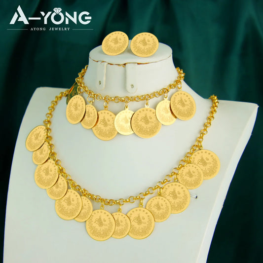 Luxury Saudi Gold Color Coins Necklace Set 21k Gold Plated Muslim Fashion Chokers Dubai Women Wedding Party Jewelry