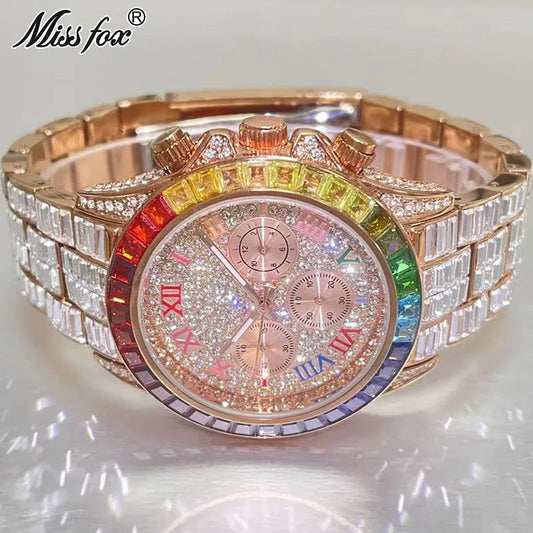 Top Luxury Iced Watch For Men Brand MISSFOX Fashion Rainbow Square Diamond ClockHip Hop Jewelry Rose Quartz Wristwatch Man Reloj