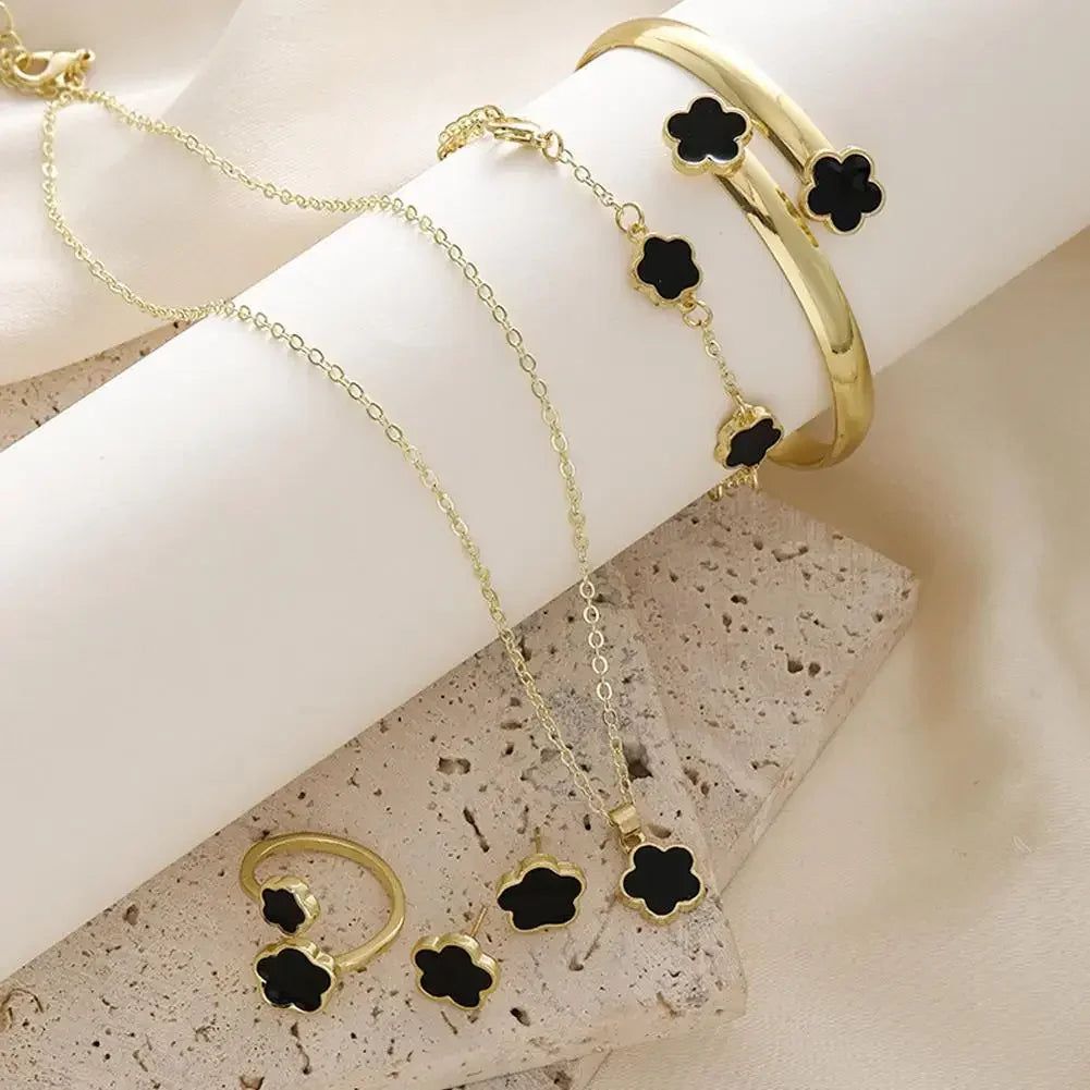 5pcs/set Luxury Quality Jewelry Sets Plum Blossom Plant Five Leaf Flower Women's Earrings Rings Bracelet Necklace Bangles Gift