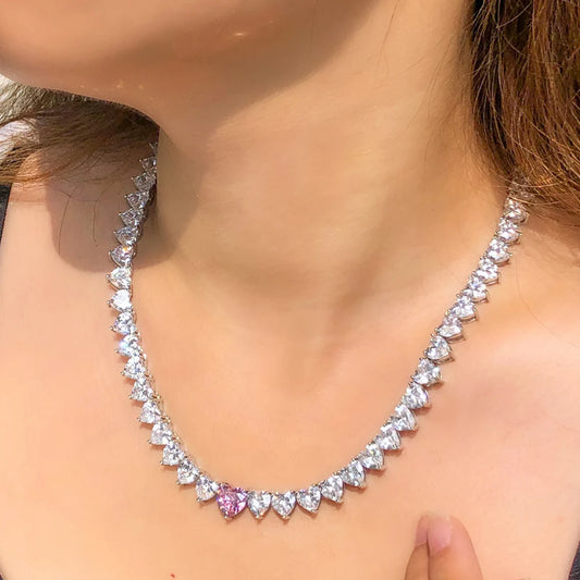 CWWZircons Real 5A Gorgeous Cubic Zirconia Paved Pink Love Heart Shape CZ Tennis Necklace for Women Party Dress Jewelry CP097