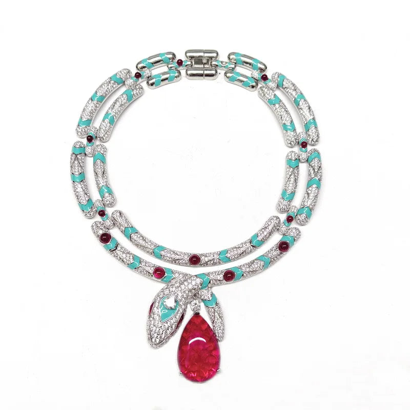 Designer Collection Style Necklace Women Inlay Cubic Zircon Synthetic Drop-shaped Ruby Enamel Snake Snakelike Wide Chain Choker