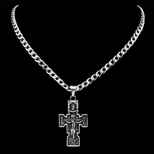 Vintage Orthodox Icon Cross Jesus Crucifix Pendant Necklace for Women Men Stainless Steel Silver Color Chain Necklaces Jewelry