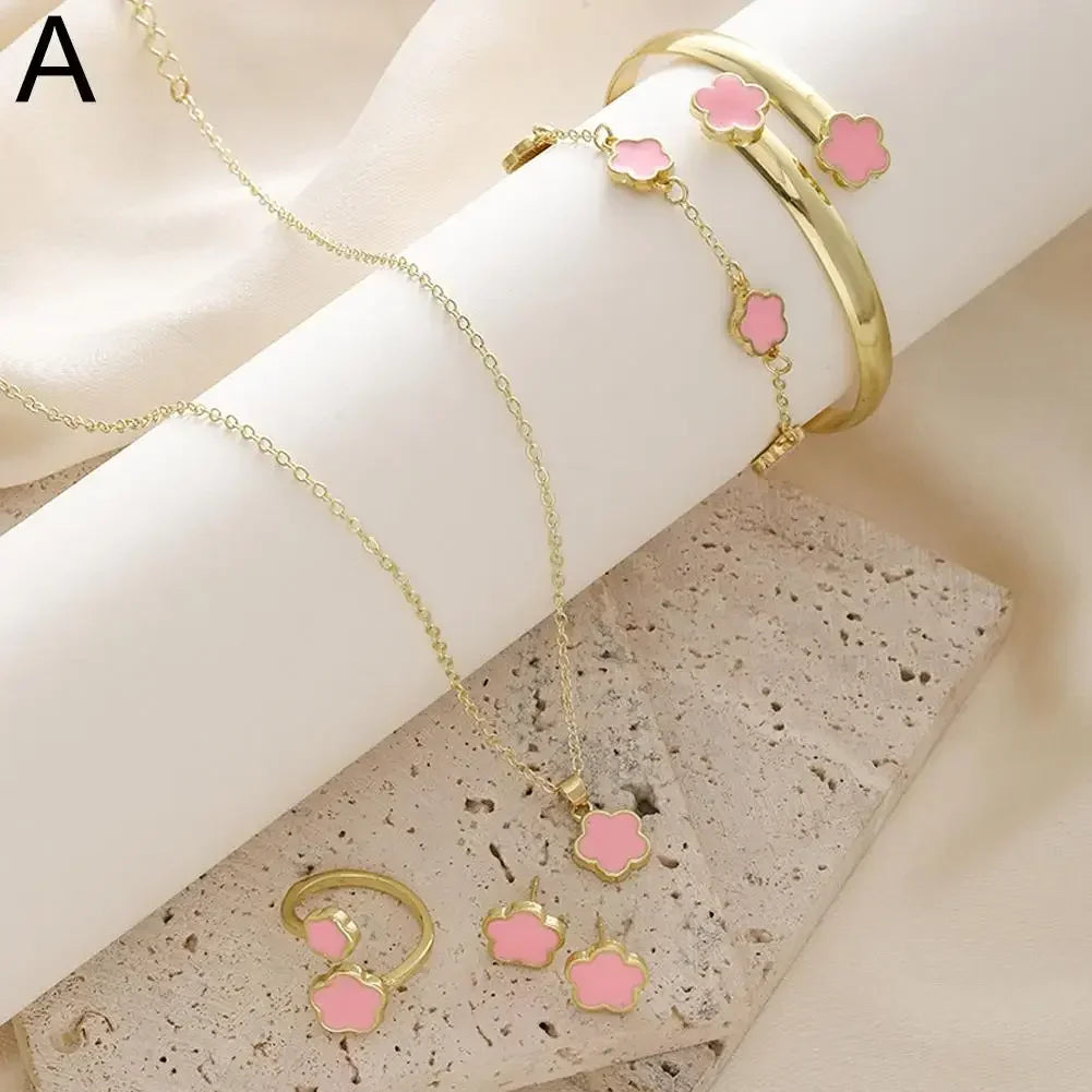 5pcs/set Luxury Quality Jewelry Sets Plum Blossom Plant Five Leaf Flower Women's Earrings Rings Bracelet Necklace Bangles Gift