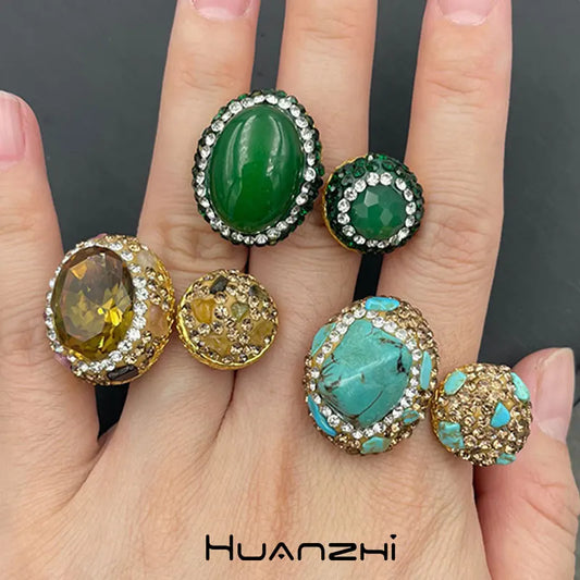 Blue Stone Colorful Zircon White Pearl Retro Elegant Metal Ring for Women Girl Dinner Party Luxury Jewelry HUANZHI Autumn Winter