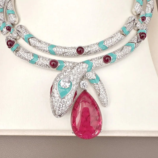 Designer Collection Style Necklace Women Inlay Cubic Zircon Synthetic Drop-shaped Ruby Enamel Snake Snakelike Wide Chain Choker
