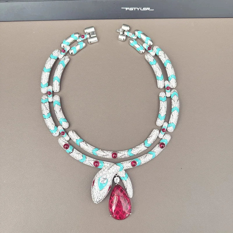 Designer Collection Style Necklace Women Inlay Cubic Zircon Synthetic Drop-shaped Ruby Enamel Snake Snakelike Wide Chain Choker