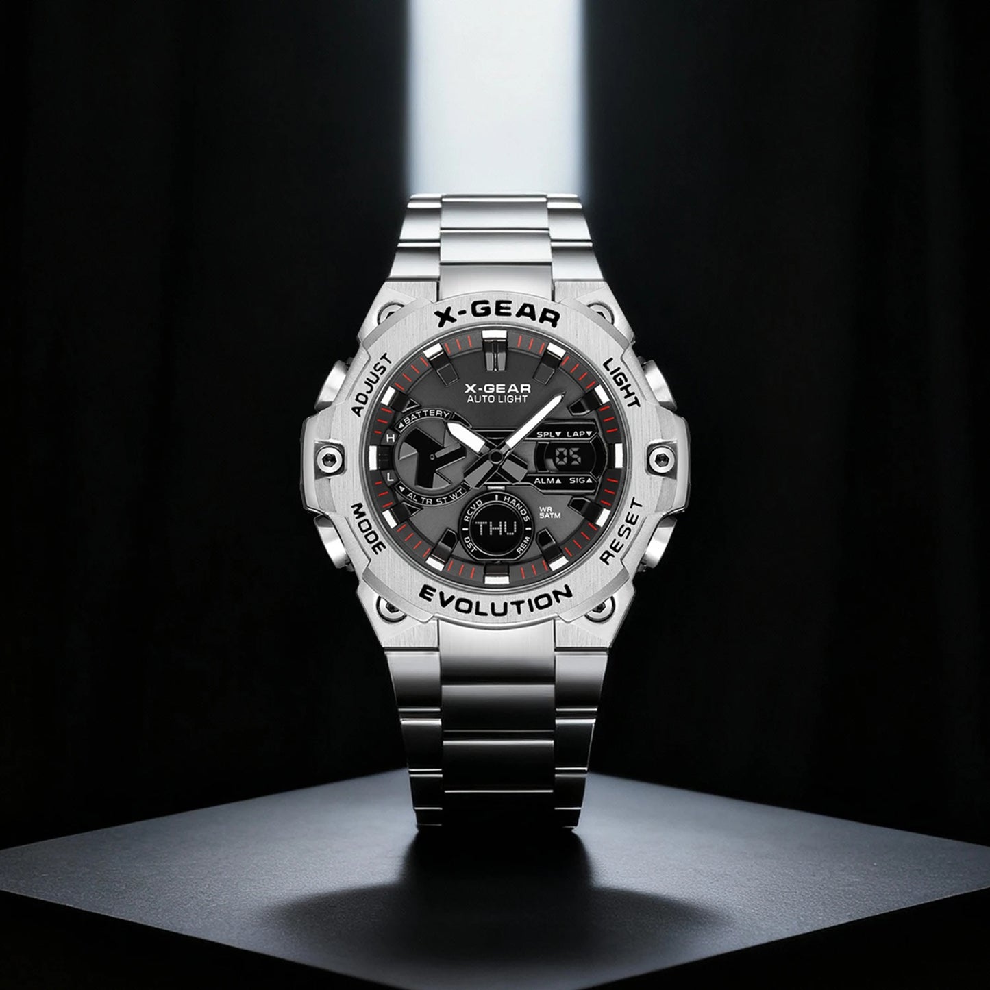 Men's watch, long-lasting battery, with timer and alarm functions, rotating windmill design, stainless steel strap