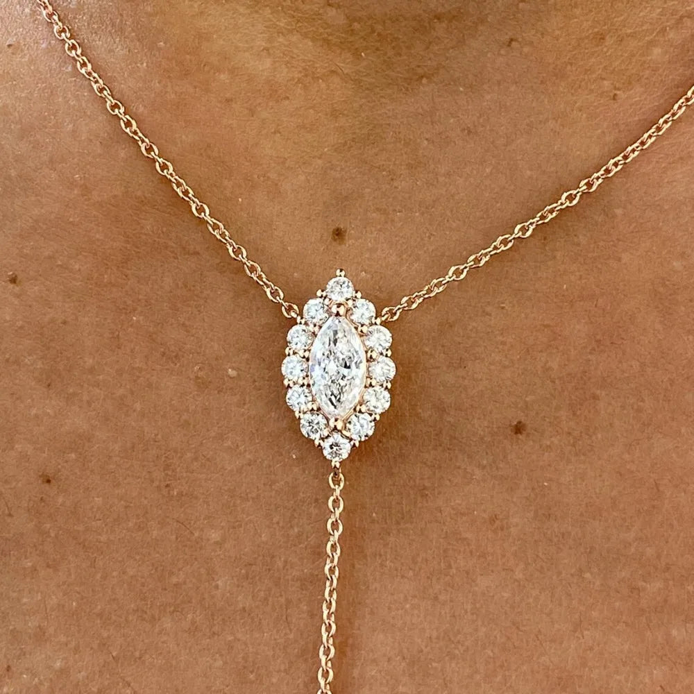 Marquise Cut Full Moissanite Pendant Necklace for Women 100% S925 Silver Y-style Halo Diamond Drop Neckchain with Certificate