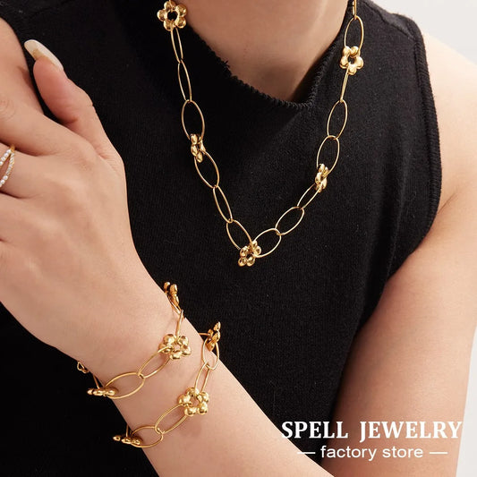 Chain Necklace Bracelet In Stainless Steel With 18k Gold Plated Waterproof Non Tarnish Bracelets Necklaces Jewelry Set For Women