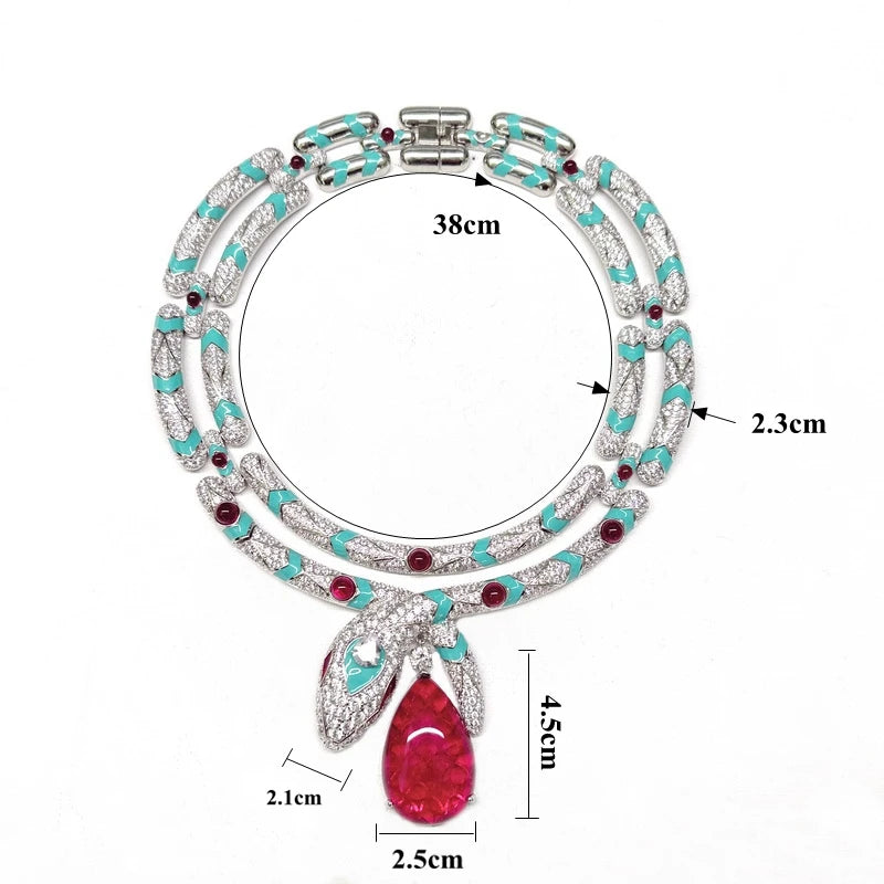 Designer Collection Style Necklace Women Inlay Cubic Zircon Synthetic Drop-shaped Ruby Enamel Snake Snakelike Wide Chain Choker