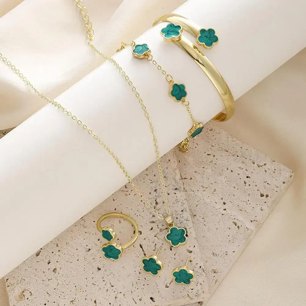 5pcs/set Luxury Quality Jewelry Sets Plum Blossom Plant Five Leaf Flower Women's Earrings Rings Bracelet Necklace Bangles Gift