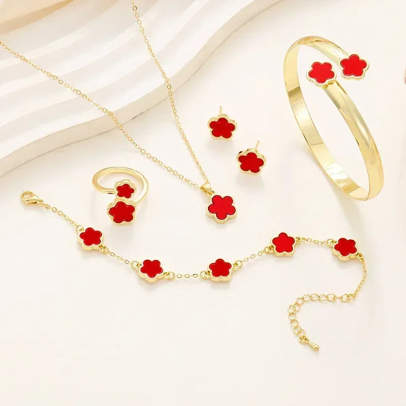 5pcs/set Luxury Quality Jewelry Sets Plum Blossom Plant Five Leaf Flower Women's Earrings Rings Bracelet Necklace Bangles Gift
