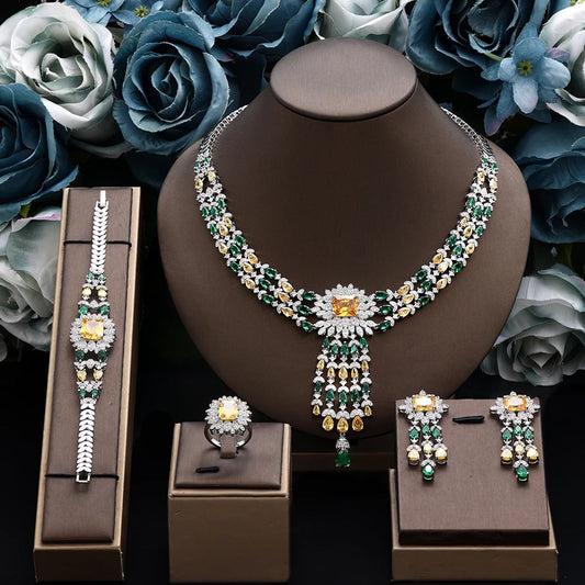 2024 Bridal Zirconia Full Jewelry Sets For Women Party 4pcs Luxury Dubai Nigeria CZ Crystal Wedding Necklace Sets