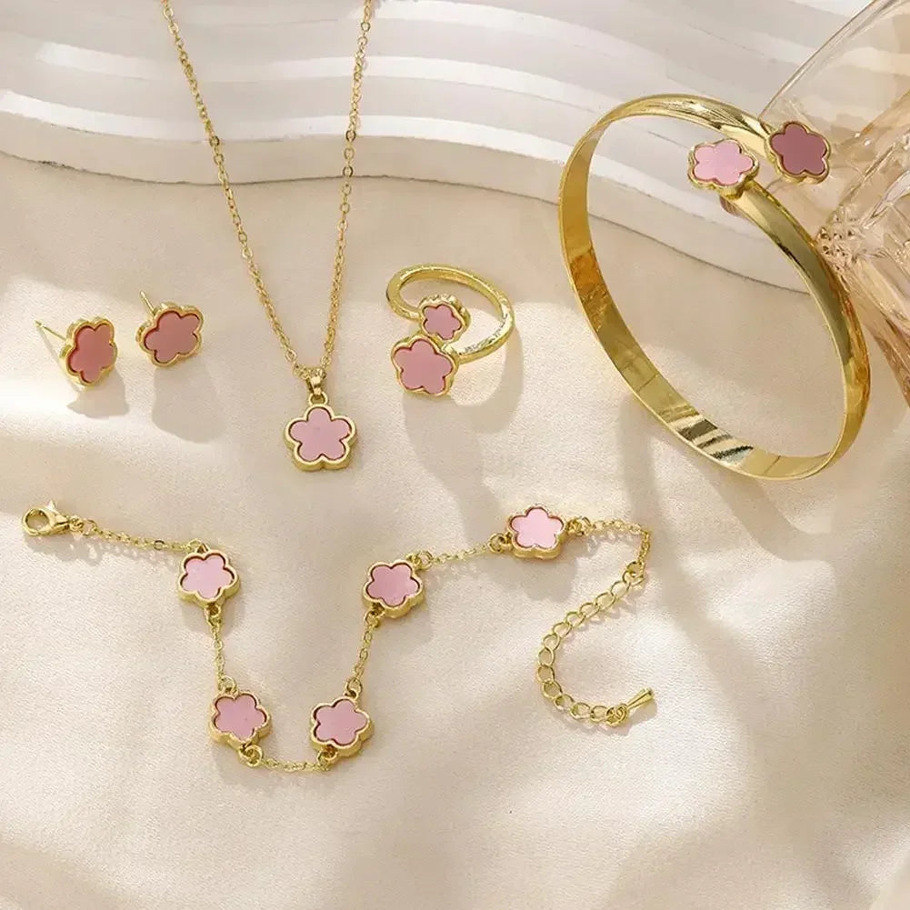 5pcs/set Luxury Quality Jewelry Sets Plum Blossom Plant Five Leaf Flower Women's Earrings Rings Bracelet Necklace Bangles Gift