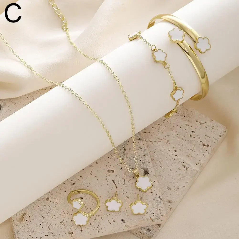 5pcs/set Luxury Quality Jewelry Sets Plum Blossom Plant Five Leaf Flower Women's Earrings Rings Bracelet Necklace Bangles Gift