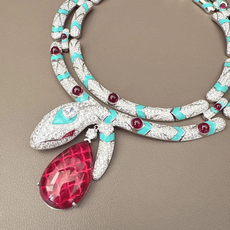 Designer Collection Style Necklace Women Inlay Cubic Zircon Synthetic Drop-shaped Ruby Enamel Snake Snakelike Wide Chain Choker