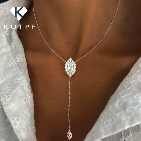 Marquise Cut Full Moissanite Pendant Necklace for Women 100% S925 Silver Y-style Halo Diamond Drop Neckchain with Certificate