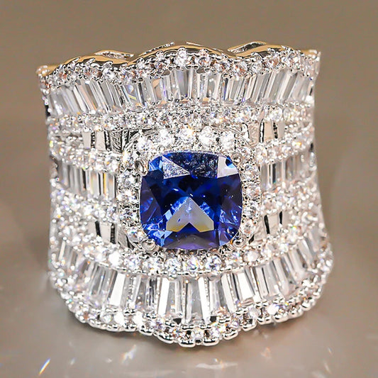 Huitan Gorgeous Cushion Blue/White CZ Wedding Rings for Women Sparkling Engagement Party Lady Accessories Modern Fashion Jewelry