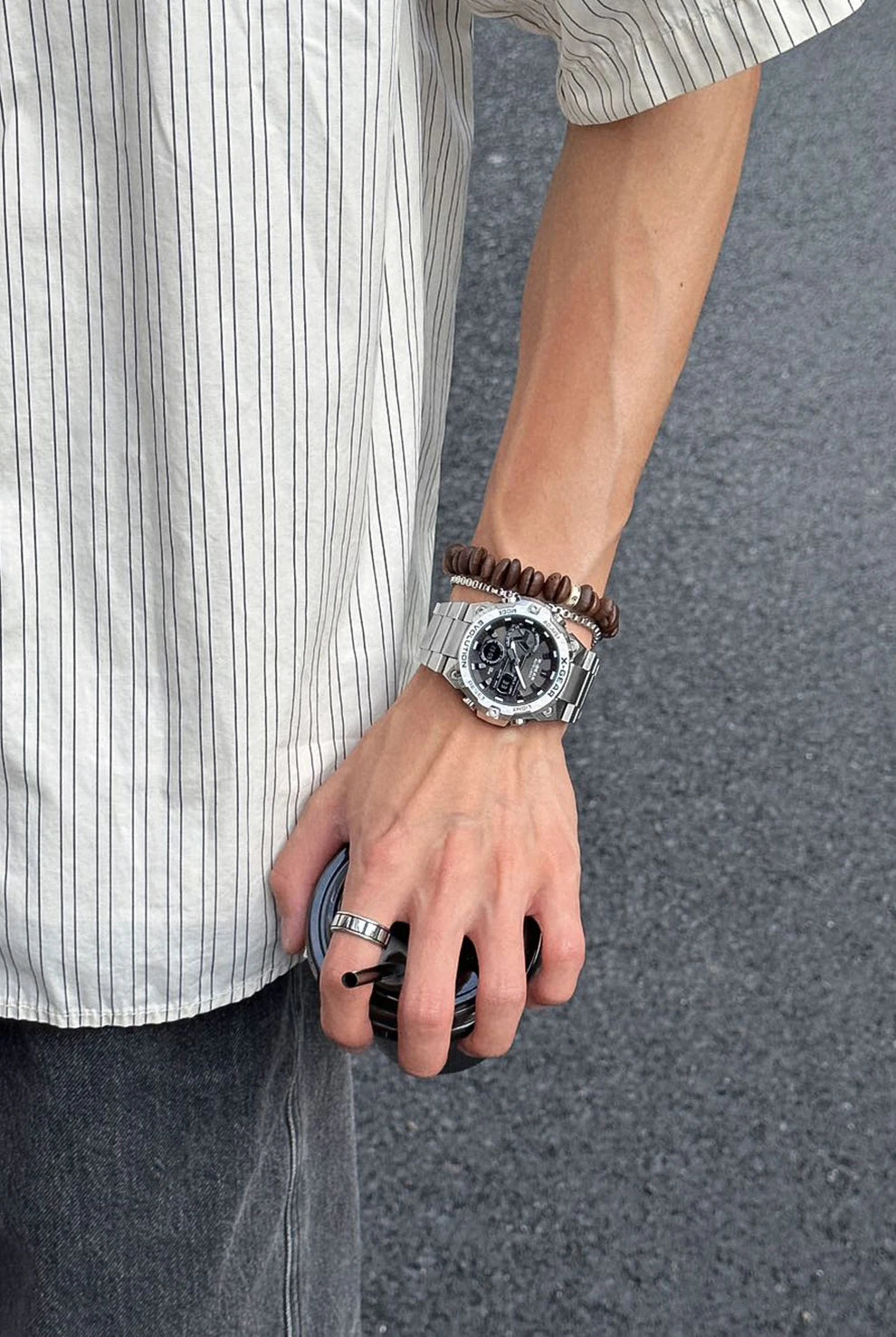 Men's watch, long-lasting battery, with timer and alarm functions, rotating windmill design, stainless steel strap