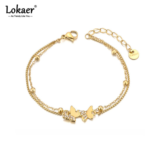 Lokaer Zirconia Butterfly Animal Charm Bracelet for Women Gold Plated Stainless Steel Double Layer Chain Bracelet Jewelry B25081
