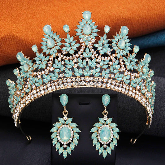 2 Pcs Opal Green Crown and Earrings Sets Royal Queen Tiaras Set for Wedding Hair Jewelry Party Prom Diadem Pageant Bridal
