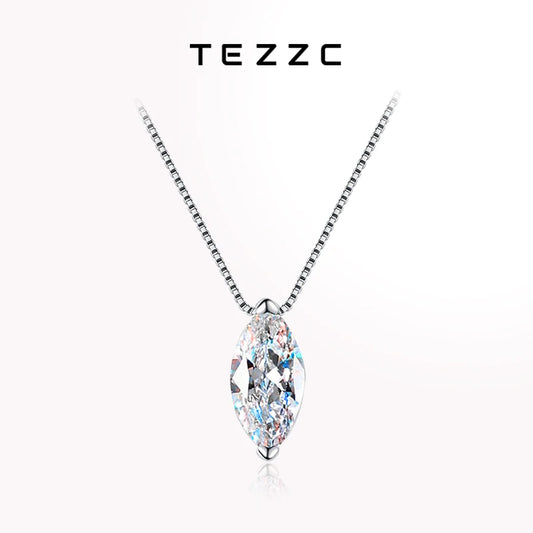 Tezzc 1ct Moissanite Necklaces for Women Marquise Shape Pendant s925 Silver with Gold Plated Party Necklace Design Chain Jewelry