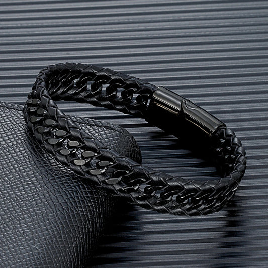 MKENDN Punk Men Braided Woven Black Leather Bracelets Black Stainless Steel Bangle for Friend Charm Fashion Jewelry Gifts
