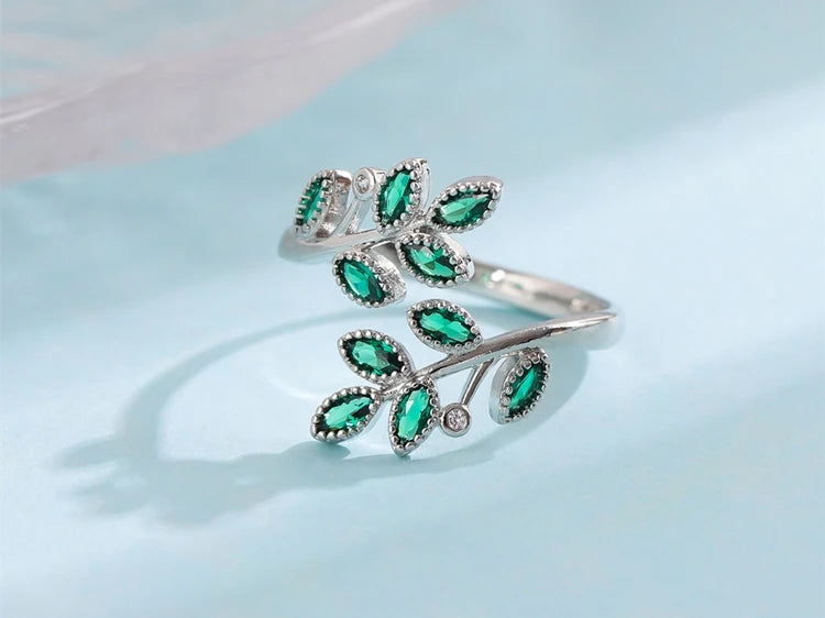 New Fashion Green Crystal Leaves 925 Sterling Silver Personality Temperament Creative Exquisite Opening Rings R376