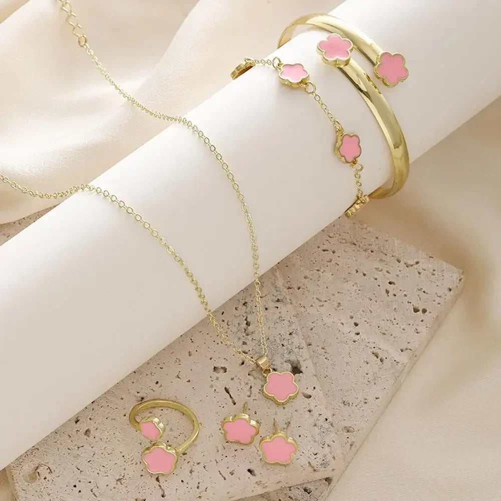 5pcs/set Luxury Quality Jewelry Sets Plum Blossom Plant Five Leaf Flower Women's Earrings Rings Bracelet Necklace Bangles Gift